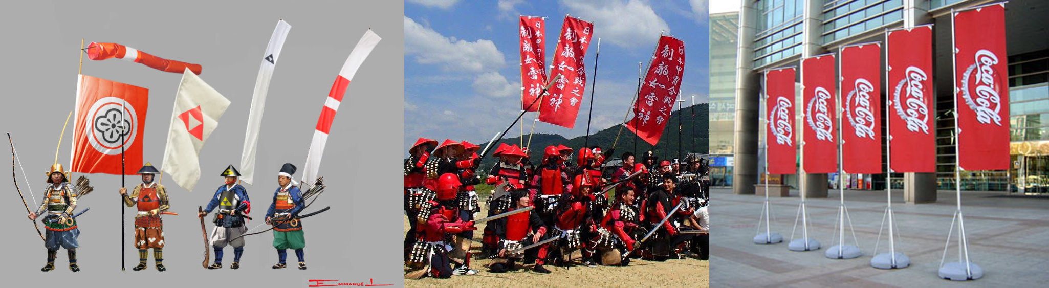 Various nobori as carried by Edo-period samurai (left) | Nobori used during historic re-enactment (center) | Modern uses for nobori banners (right)